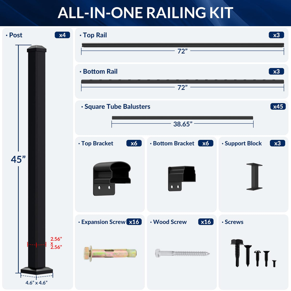 3 Pack Aluminum Porch and Deck Railing Kit with 4 Post A579