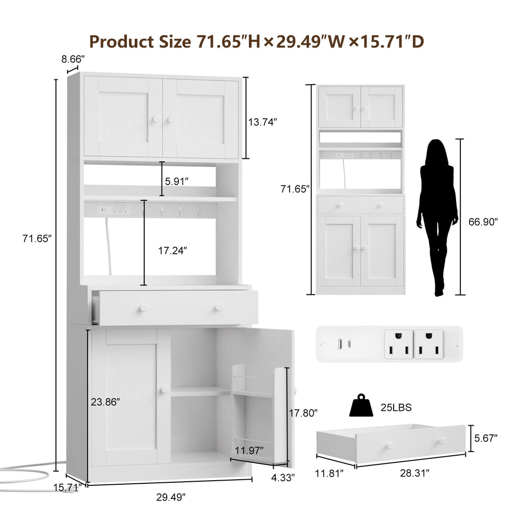71" Tall White Kitchen Pantry Cabinet with Microwave Countertop T370237