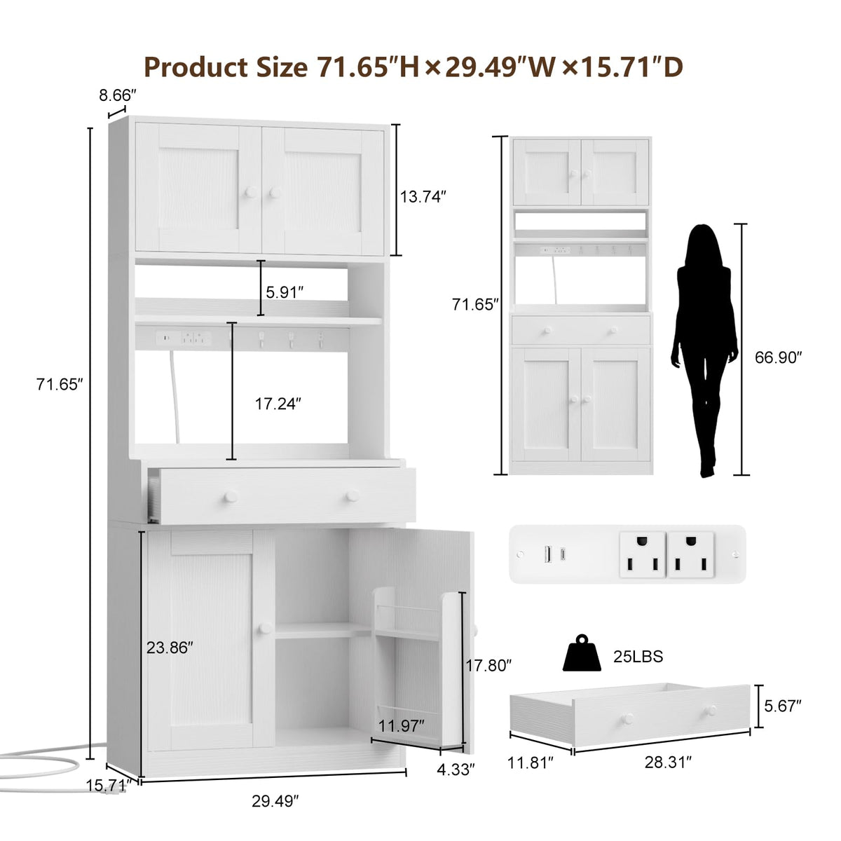71" Tall White Kitchen Pantry Cabinet with Microwave Countertop T370237