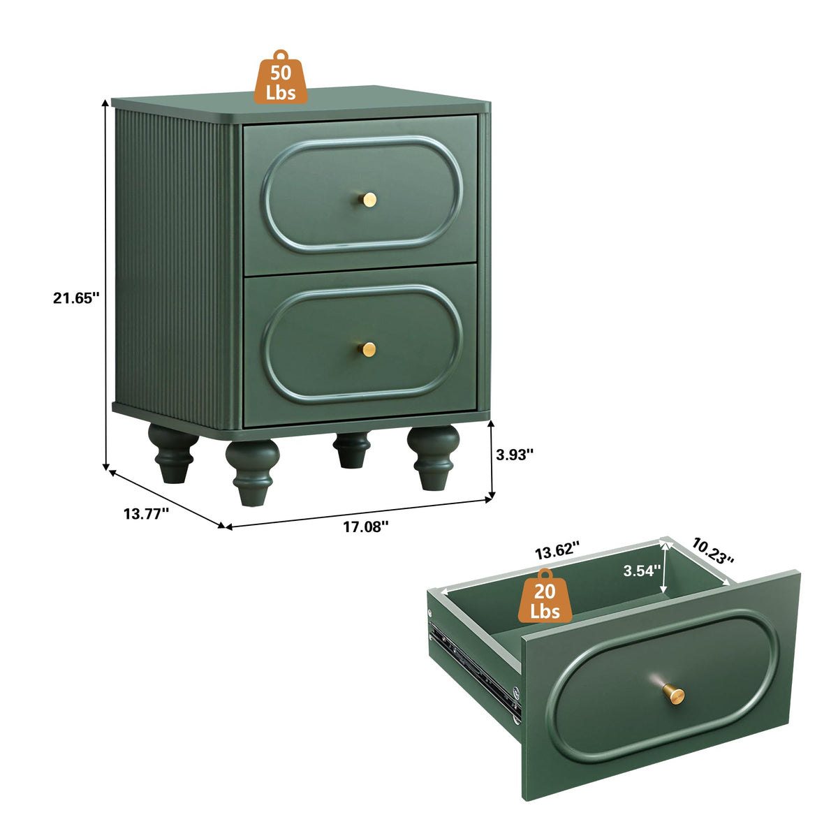 2 Drawer Fluted Nightstand Set of 2 Green L47925