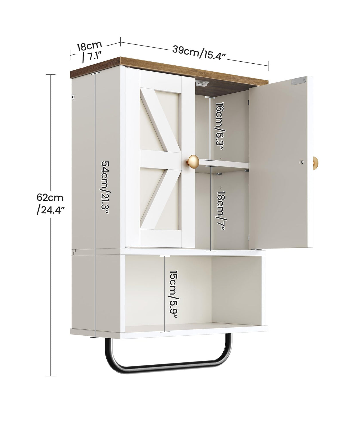 White and Walnut Bathroom Wall Cabinet with Towel Bar Z588570