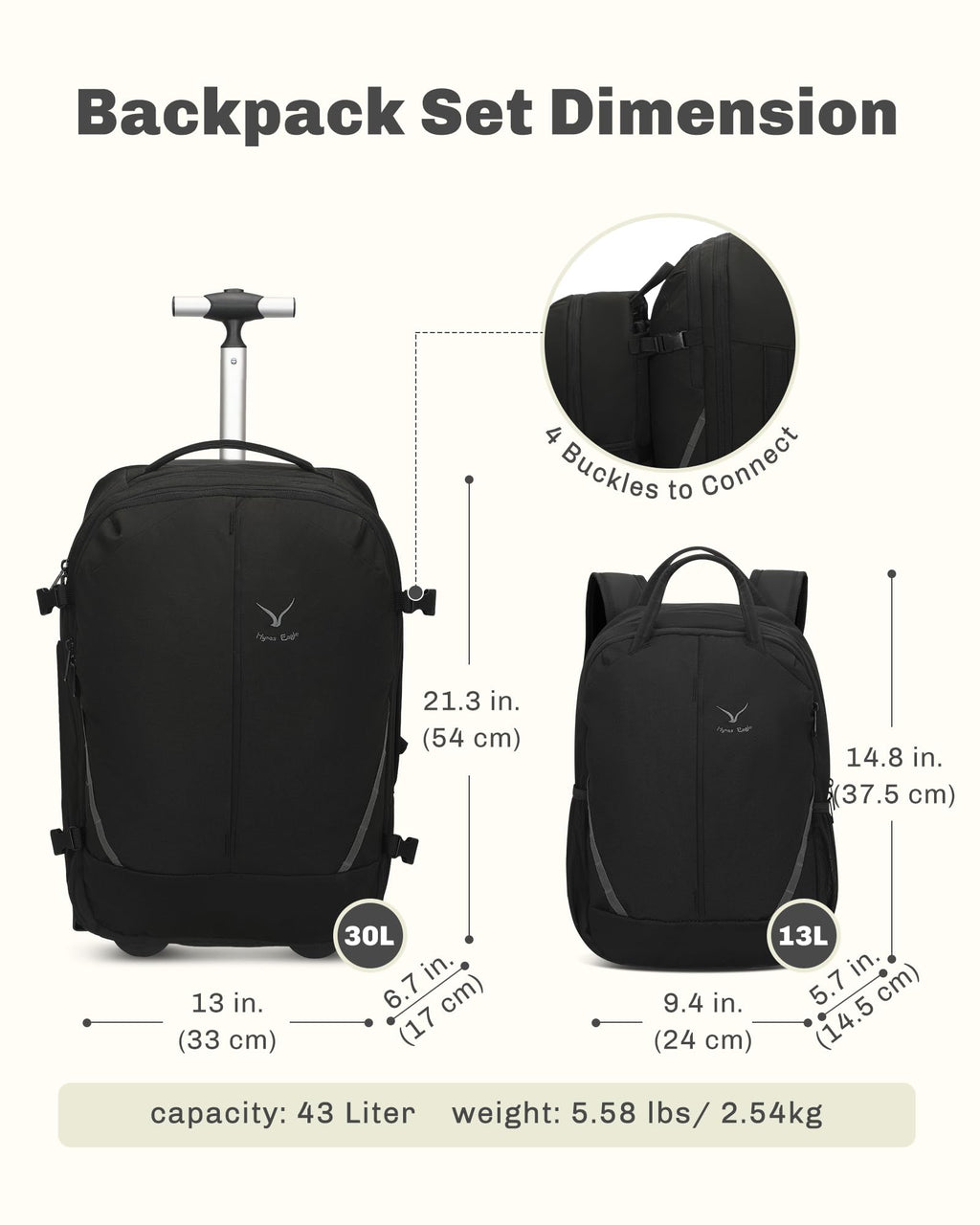 Rolling Backpack with Wheels 43L Jet Black C539541