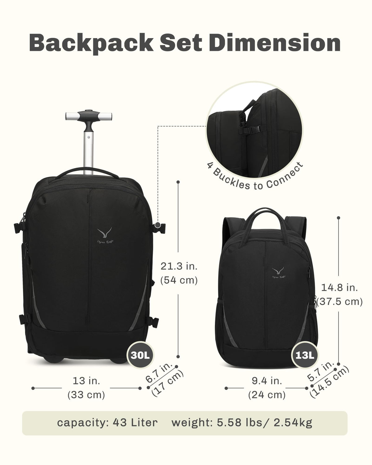 Rolling Backpack with Wheels 43L with Waist Pack C17316