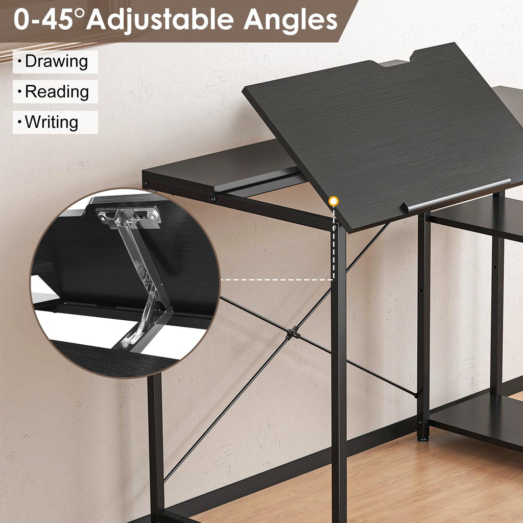 Black Adjustable Drafting Table with Storage Shelves & Drawer P3430