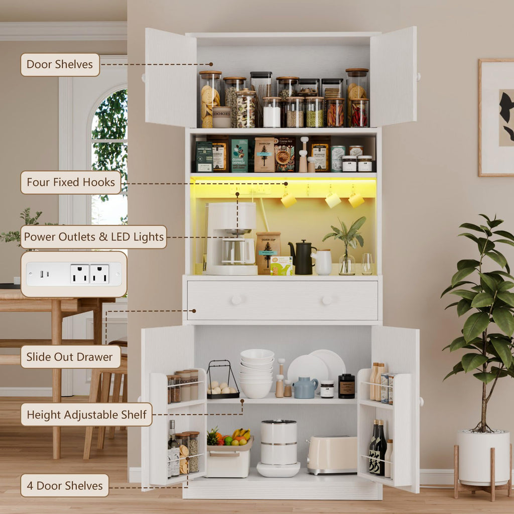 71" Tall White Kitchen Pantry Cabinet with Microwave Countertop T370237