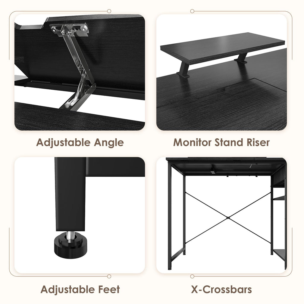 Black Adjustable Drafting Table with Storage Shelves & Drawer P3430