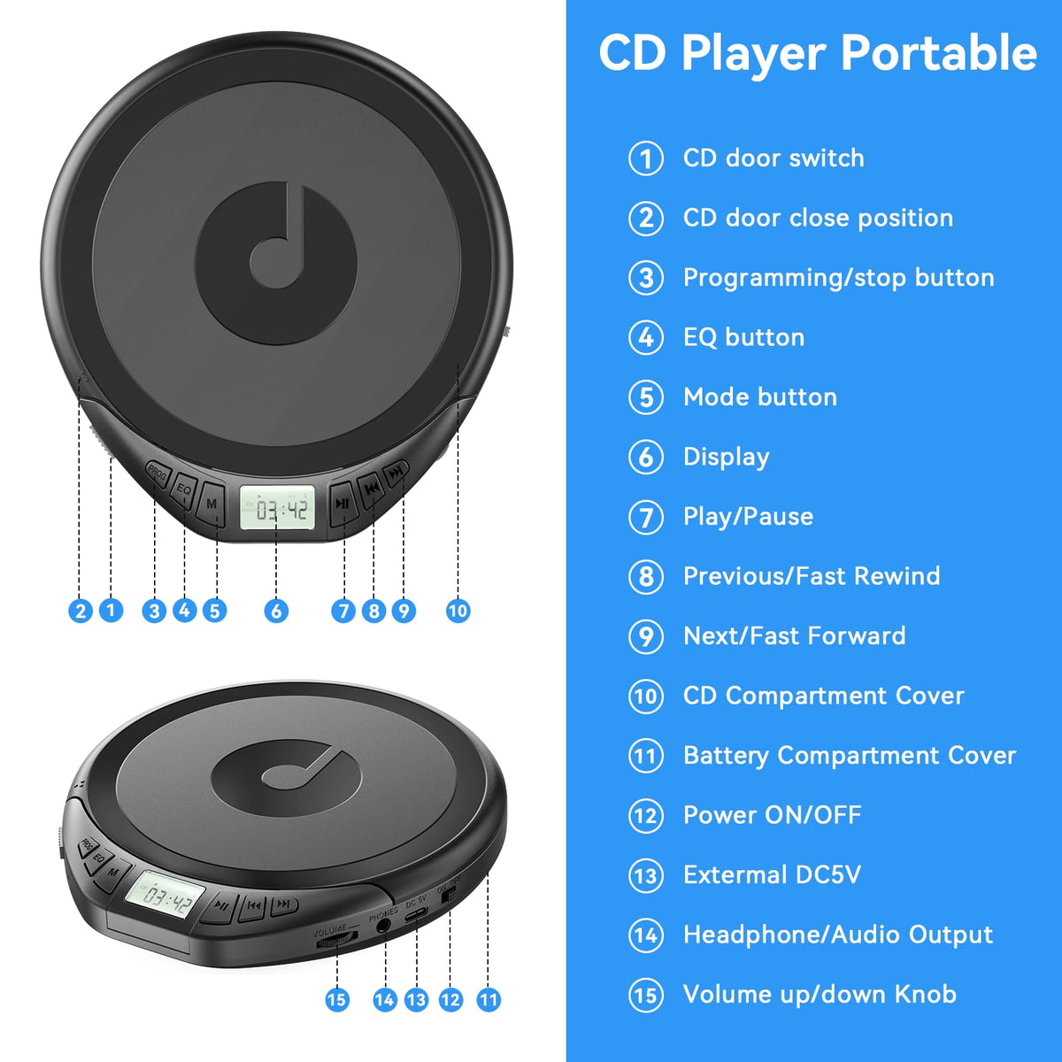 Portable CD Player with Headphones Anti-Skip Shockproof LCD Display H5133