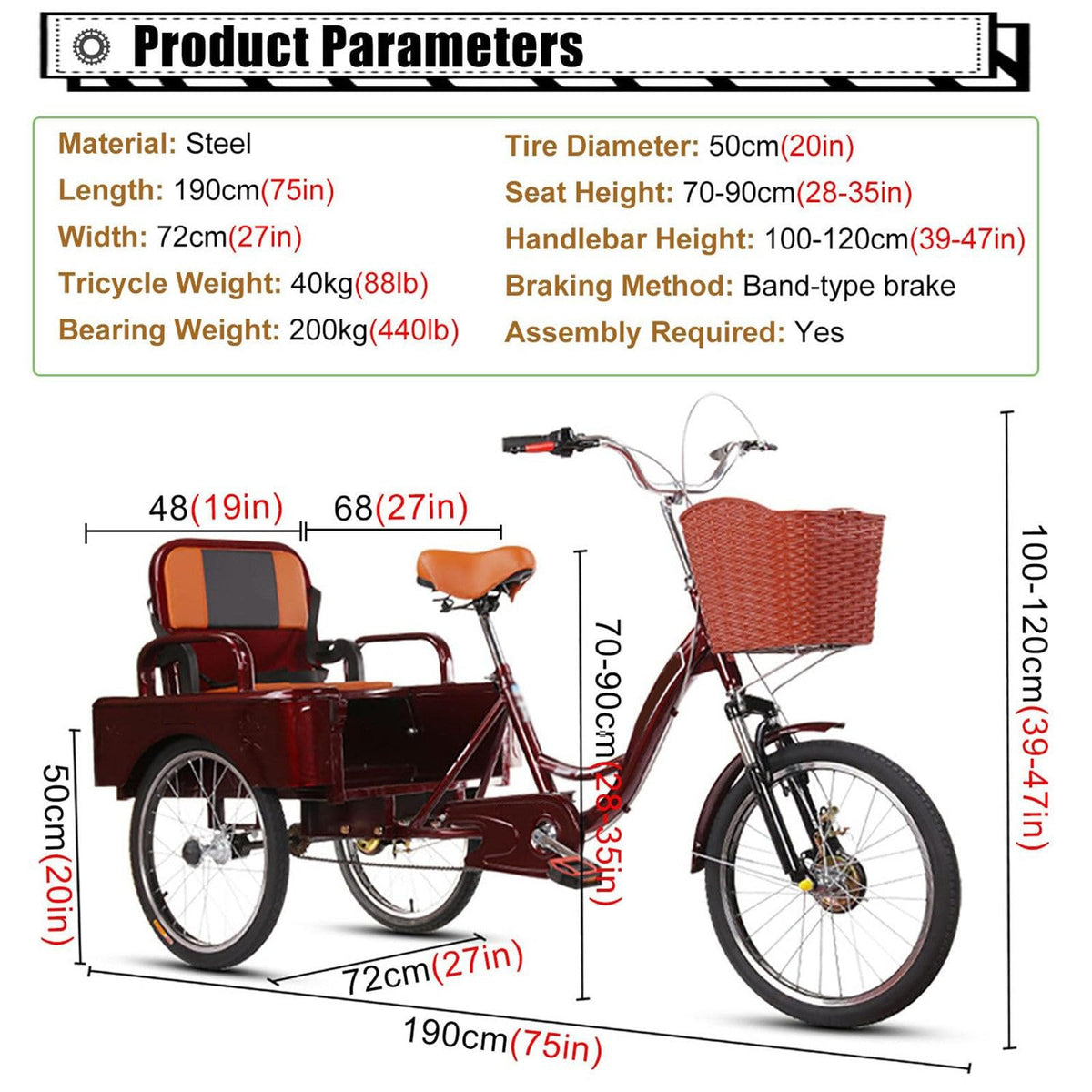 20 Inch 3-Wheel Electric Tricycle with Front Basket & Cargo Carrier W606589