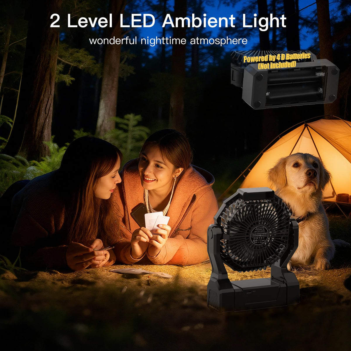 Battery Operated Portable Fan with 4 Speeds, 3 Timers & 2 Light Modes, Black P29894