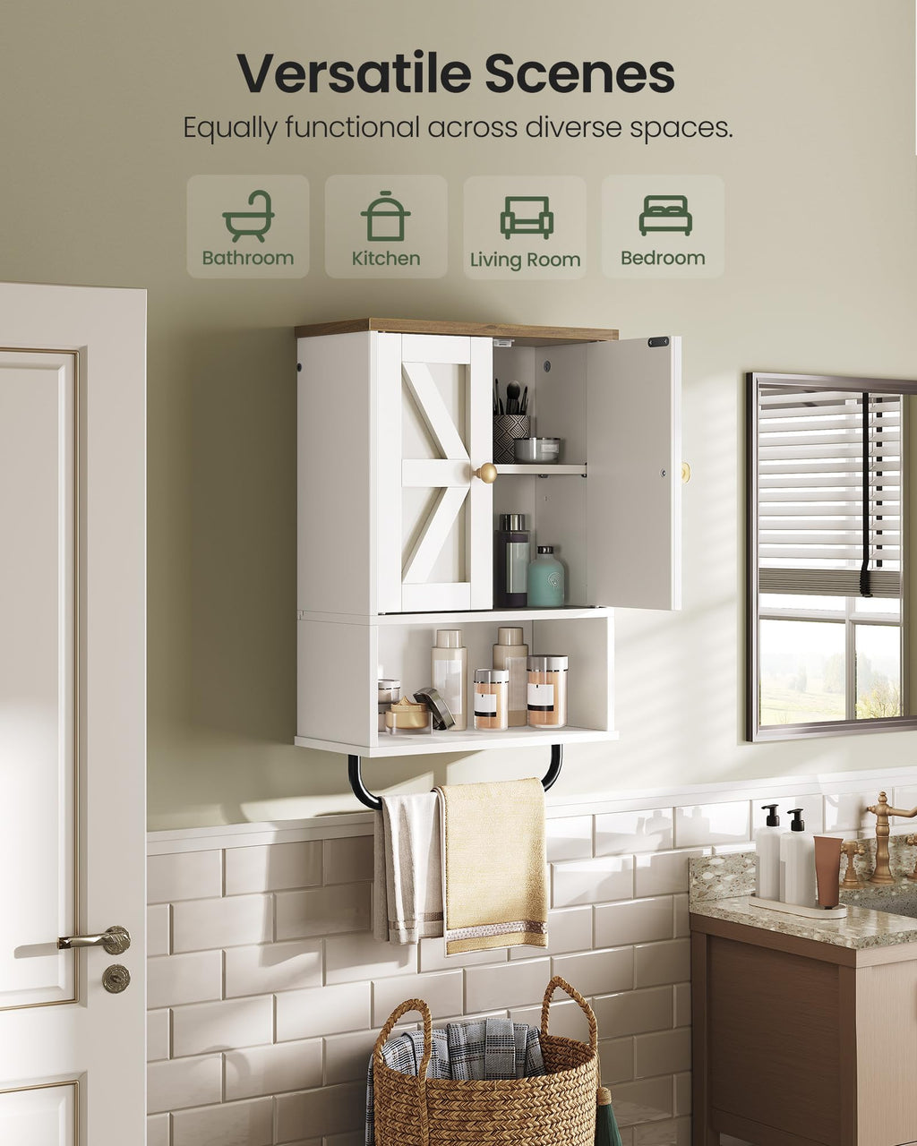 White and Walnut Bathroom Wall Cabinet with Towel Bar Z588570