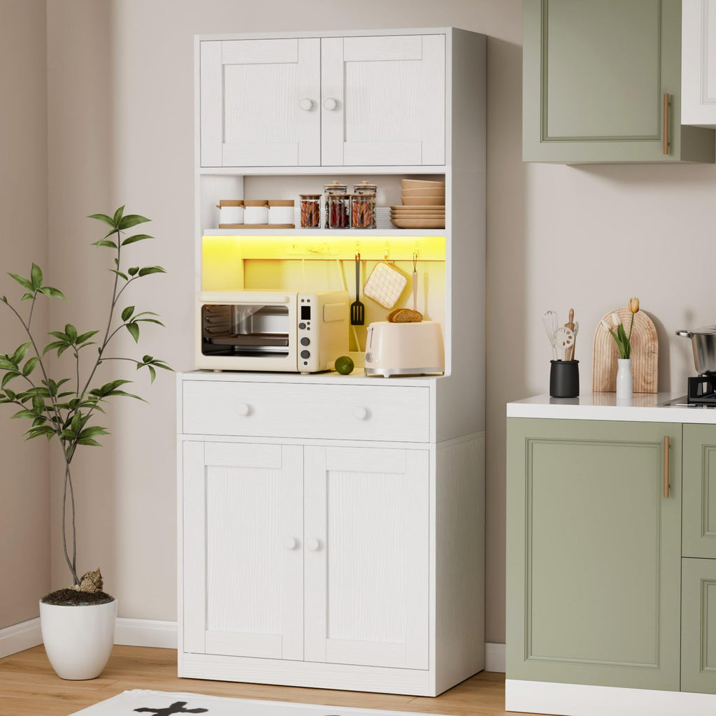 71" Tall White Kitchen Pantry Cabinet with Microwave Countertop T370237