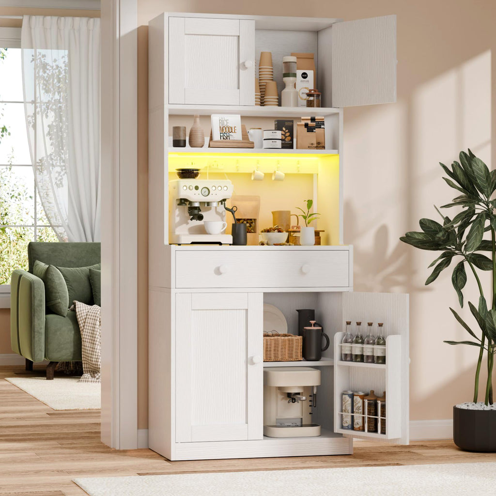 71" Tall White Kitchen Pantry Cabinet with Microwave Countertop T370237