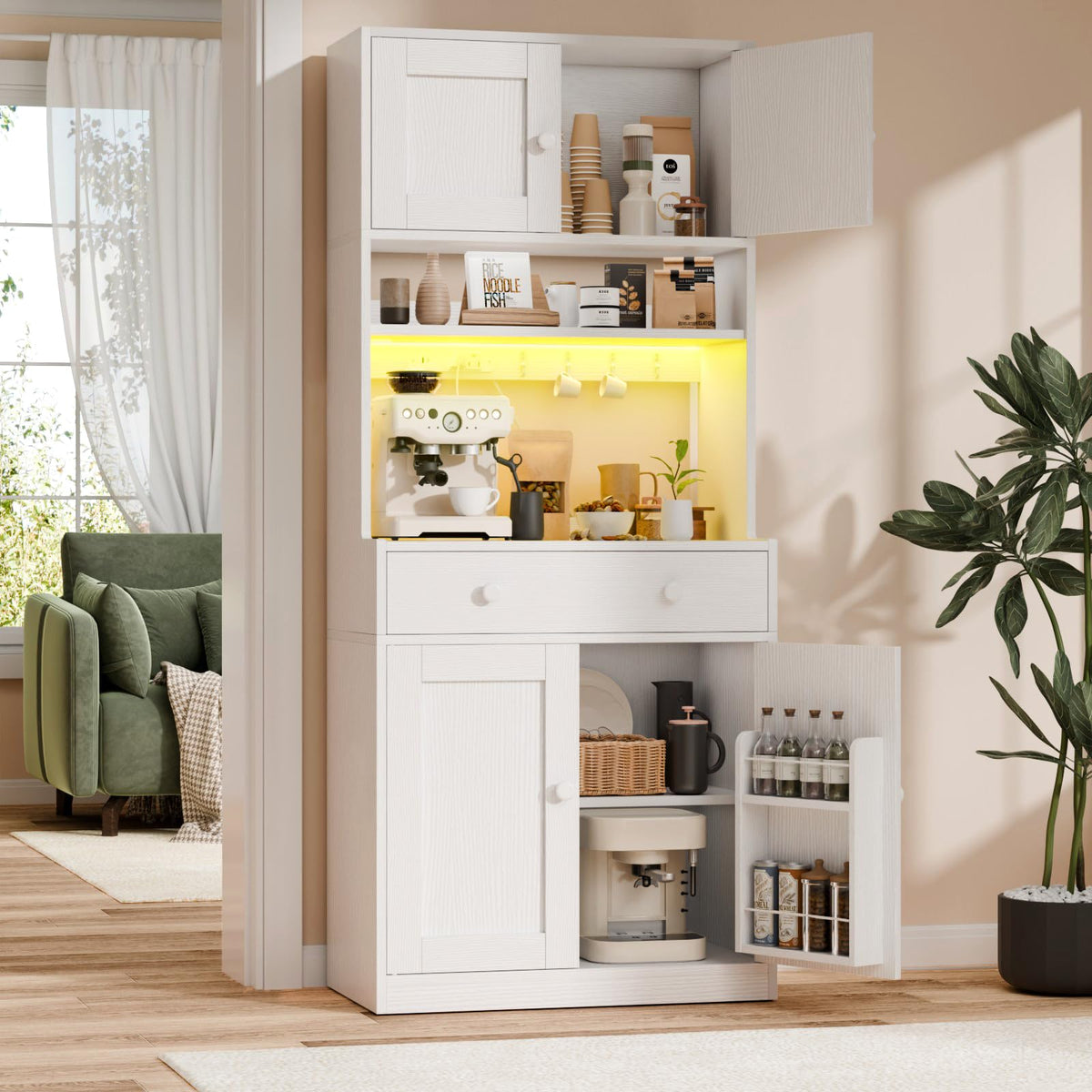 71" Tall White Kitchen Pantry Cabinet with Microwave Countertop T370237