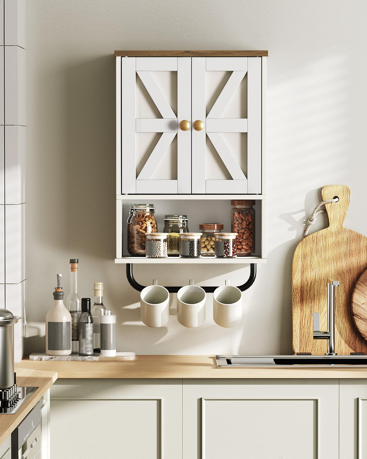 White and Walnut Bathroom Wall Cabinet with Towel Bar Z588570