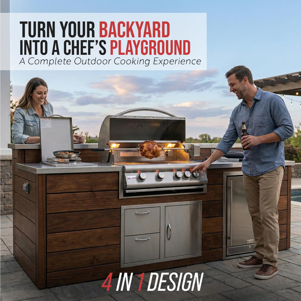 32” Built-in Gas Grill, Double Side Burner, Door & Two Drawers Combo, 20” Refrigerator N120110