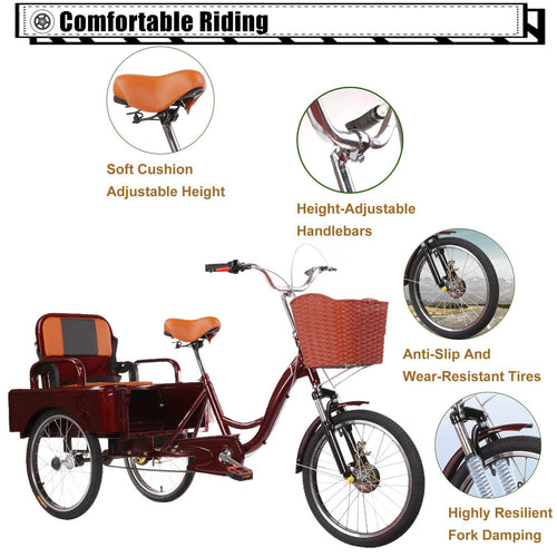20 Inch 3-Wheel Electric Tricycle with Front Basket & Cargo Carrier W606589