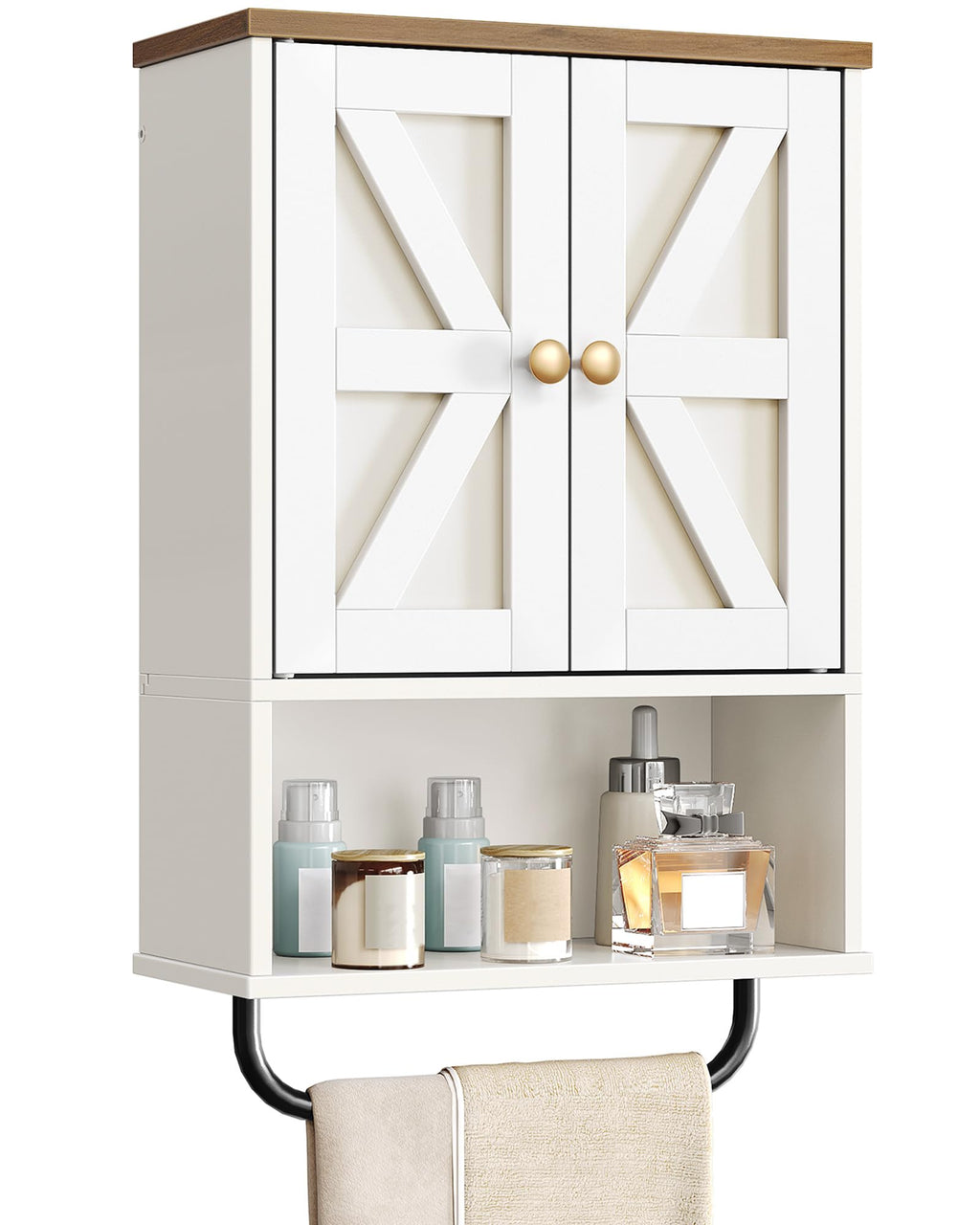 White and Walnut Bathroom Wall Cabinet with Towel Bar Z588570