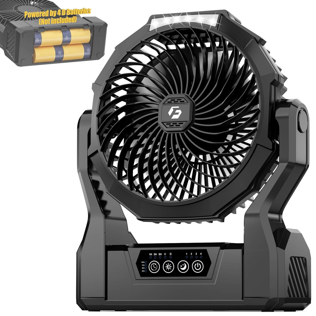 Battery Operated Portable Fan with 4 Speeds, 3 Timers & 2 Light Modes, Black P29894