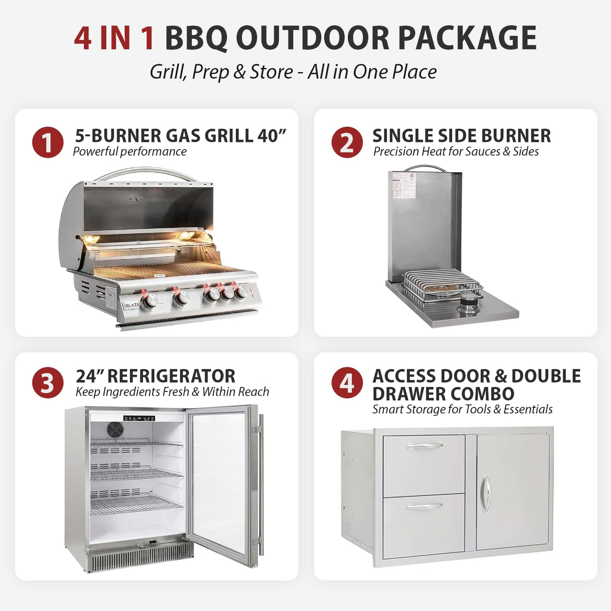 32” Built-in Gas Grill, Double Side Burner, Door & Two Drawers Combo, 20” Refrigerator N120110