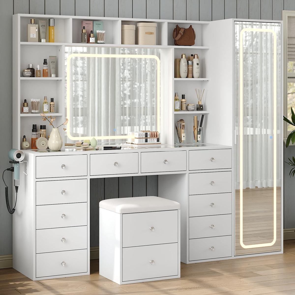 White Vanity Desk with LED Mirror 14 Drawers 10 Shelves P503