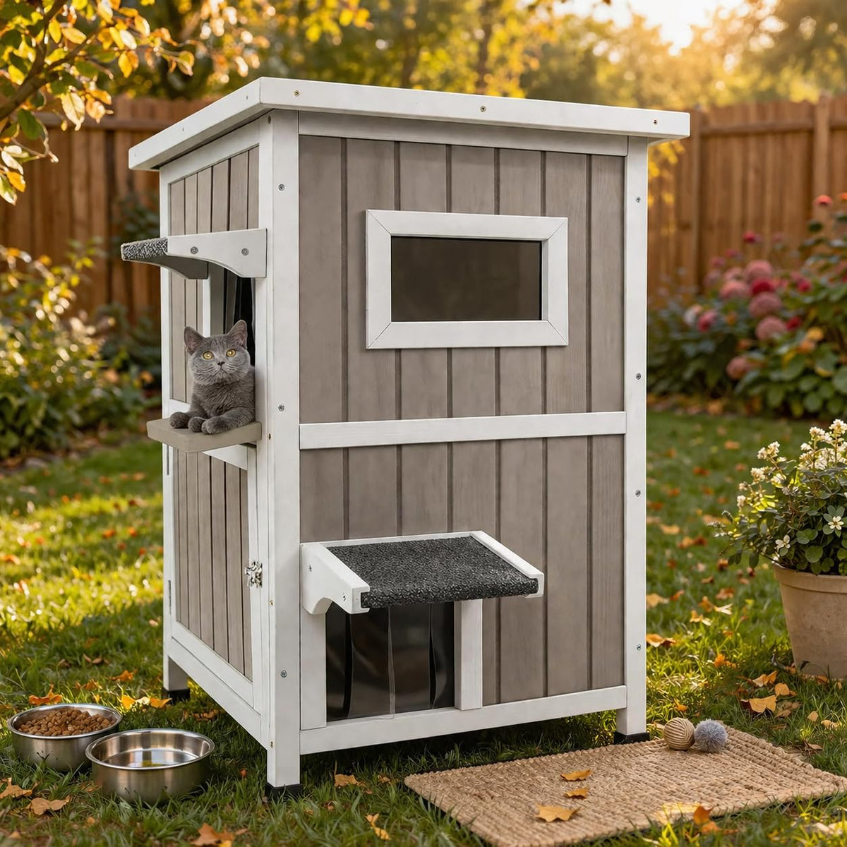 2 Story Weatherproof Wooden Outdoor Cat House M547