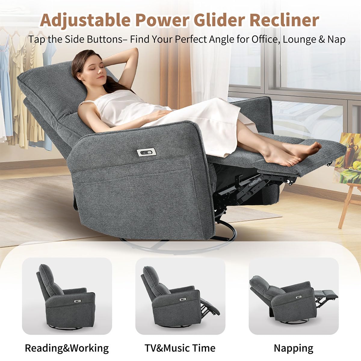 Power Swivel Rocker Recliner Chair with USB, Dark Gray D43424