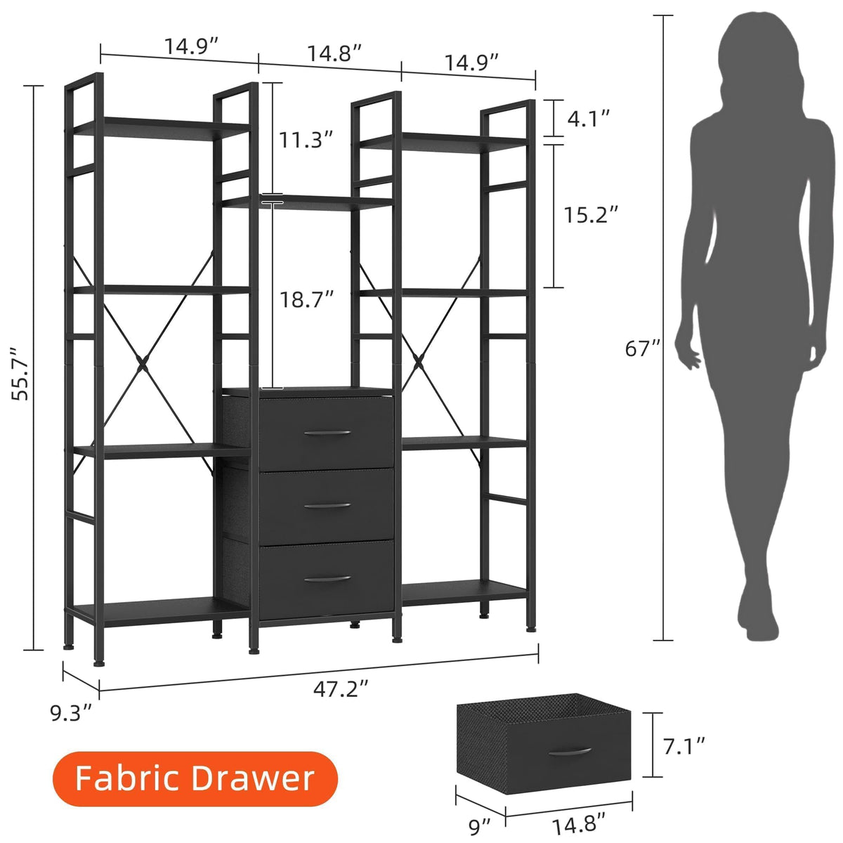 Black 4-Tier Bookshelf with 3 Fabric Drawers V962035