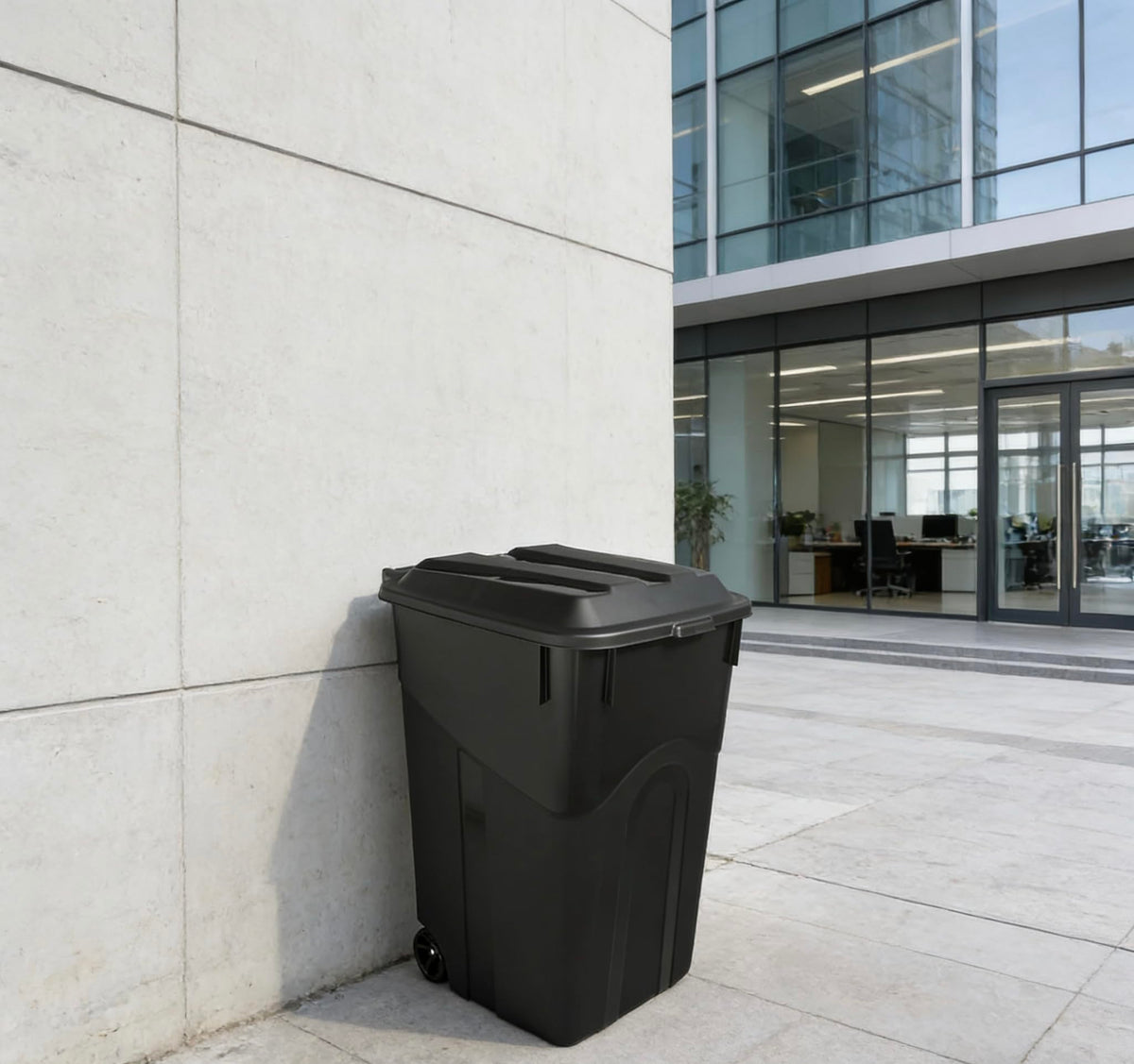45 Gallon Black Wheeled Garbage Can with Attached Lid K88351