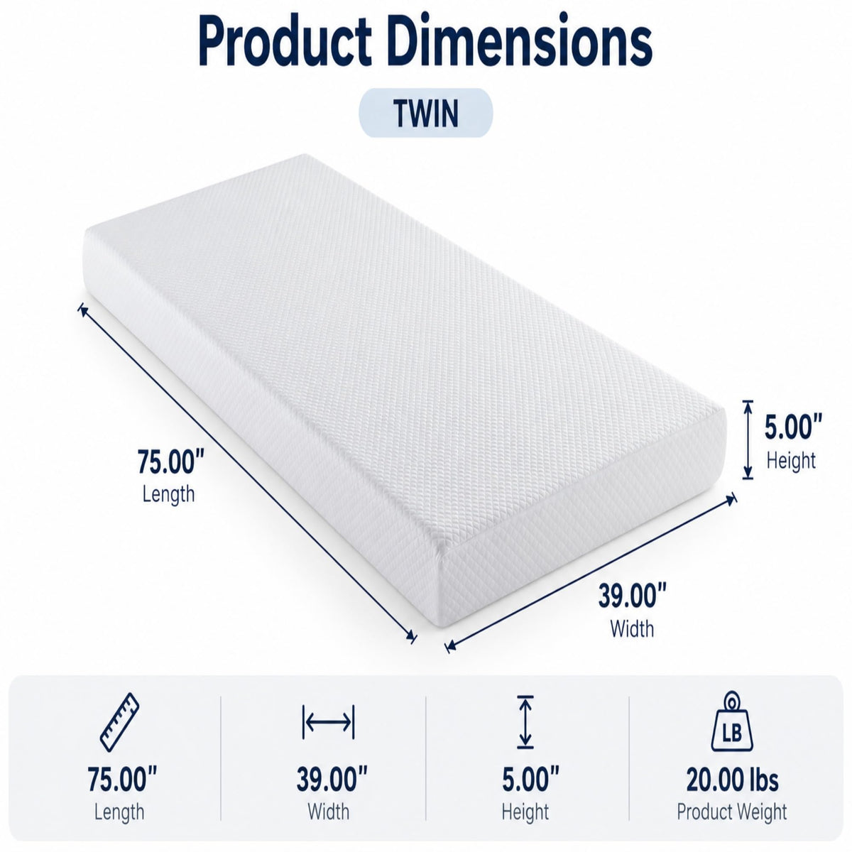 5 Inch Twin Size White Gel Memory Foam X11458