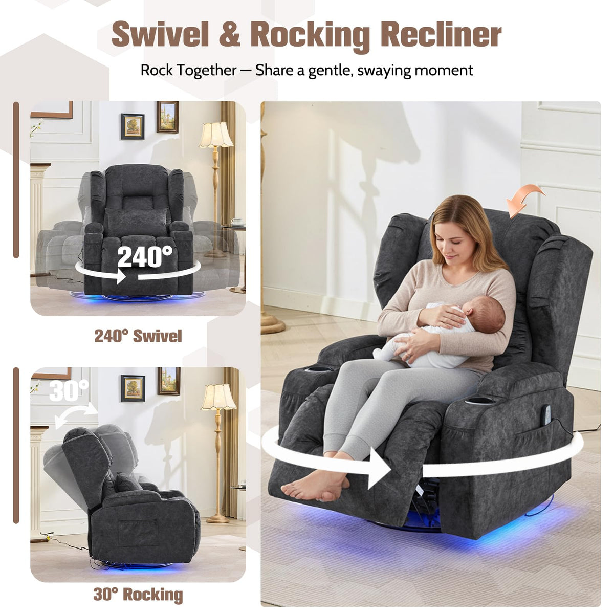 Velvet Gray Swivel Rocker Recliner with Massage and Heat Z2865
