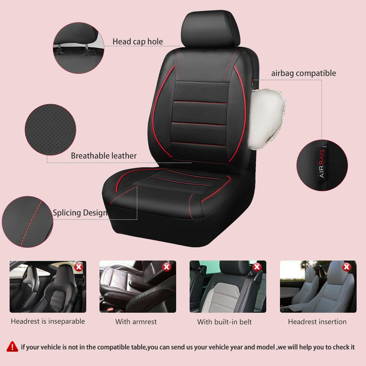Black Red Faux Leather Front Seat Covers P9498