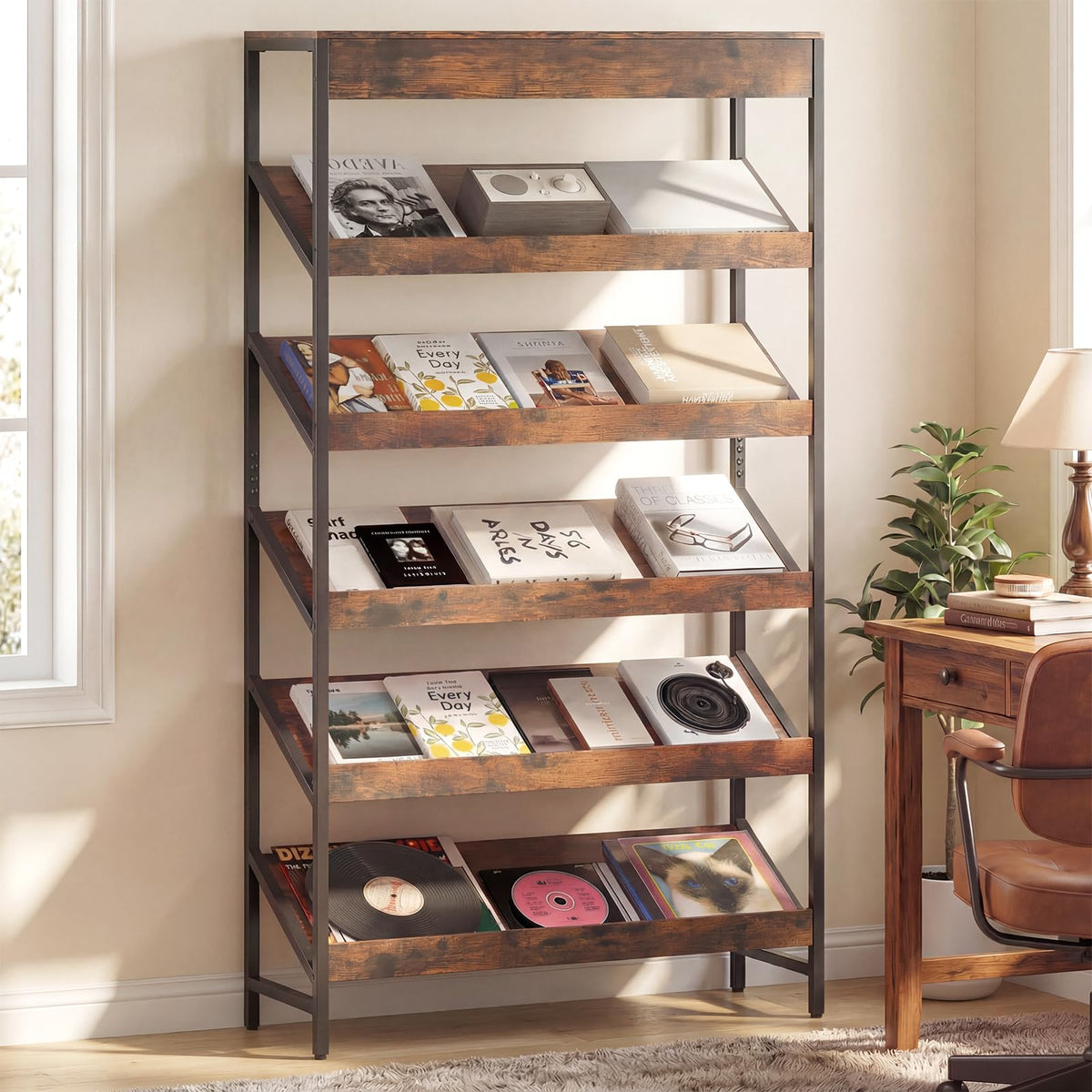 6-Tier Tall Freestanding Bookshelf with Angled Shelves F665