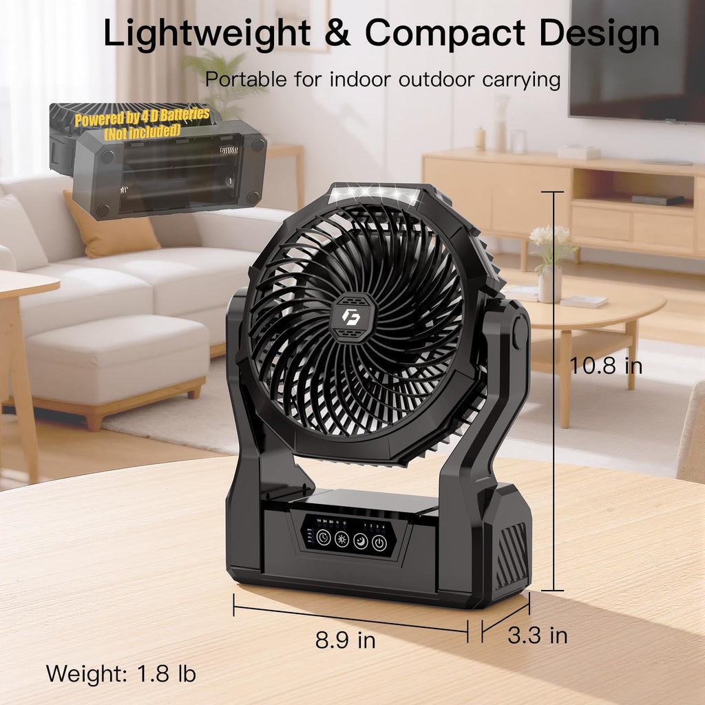Battery Operated Portable Fan with 4 Speeds, 3 Timers & 2 Light Modes, Black P29894