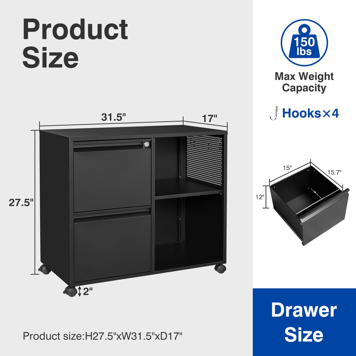 Black 2-Drawer Mobile File Cabinet with Lock M88537