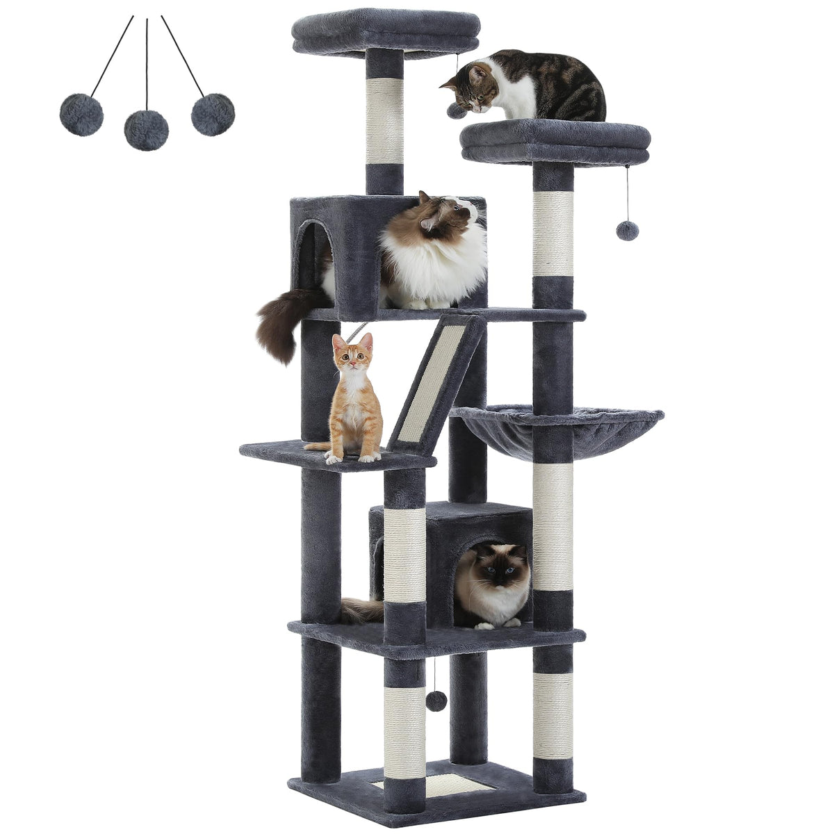 70 Inches Tall Dark Gray Cat Tree with 2 Condos C676