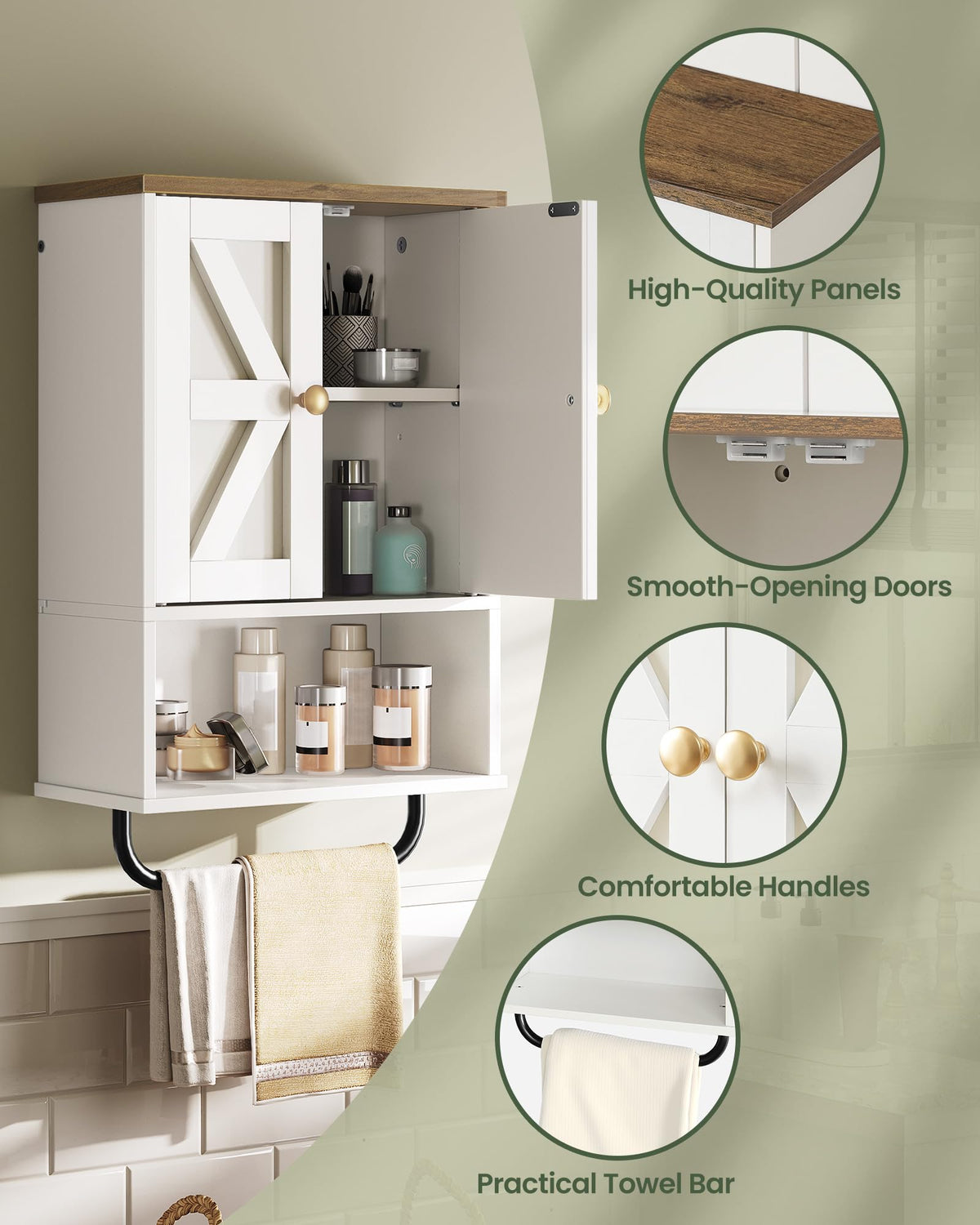 White and Walnut Bathroom Wall Cabinet with Towel Bar Z588570