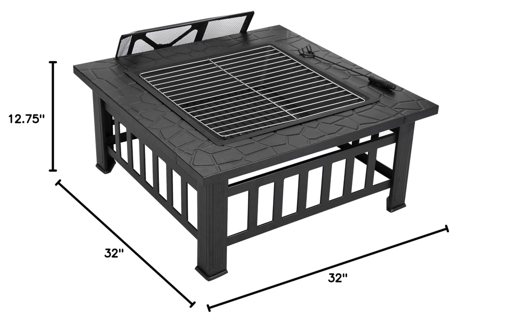 32 Inch Square Metal Outdoor Fire Pit with Spark Screen Lid and Waterproof Cover O55815