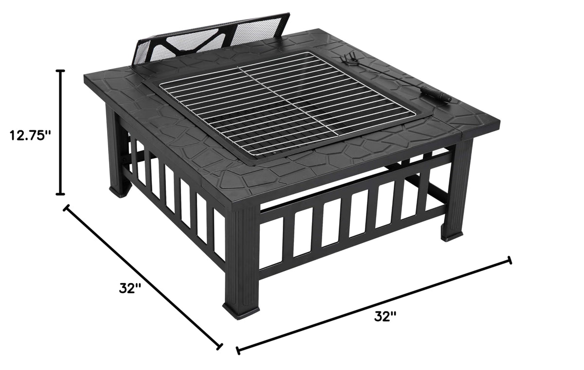 32 Inch Square Metal Outdoor Fire Pit with Spark Screen Lid and Waterproof Cover O55815