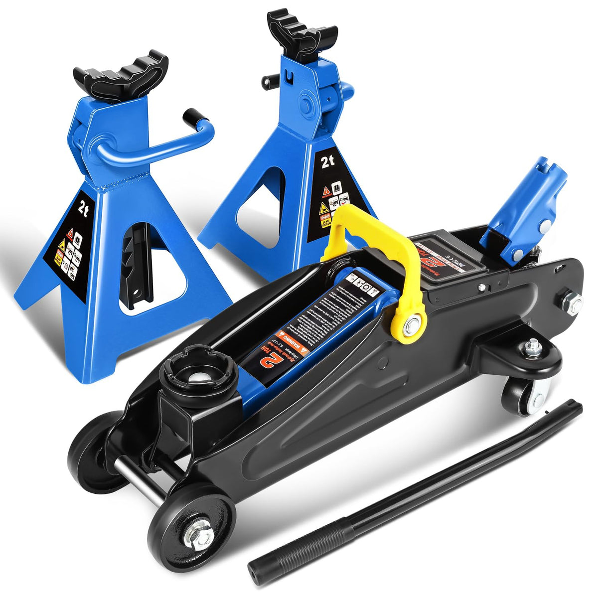 Low Profile Hydraulic Trolley Floor Jack with 2 Ratchet Jack Stands, 2 Ton Capacity, Blue R8615