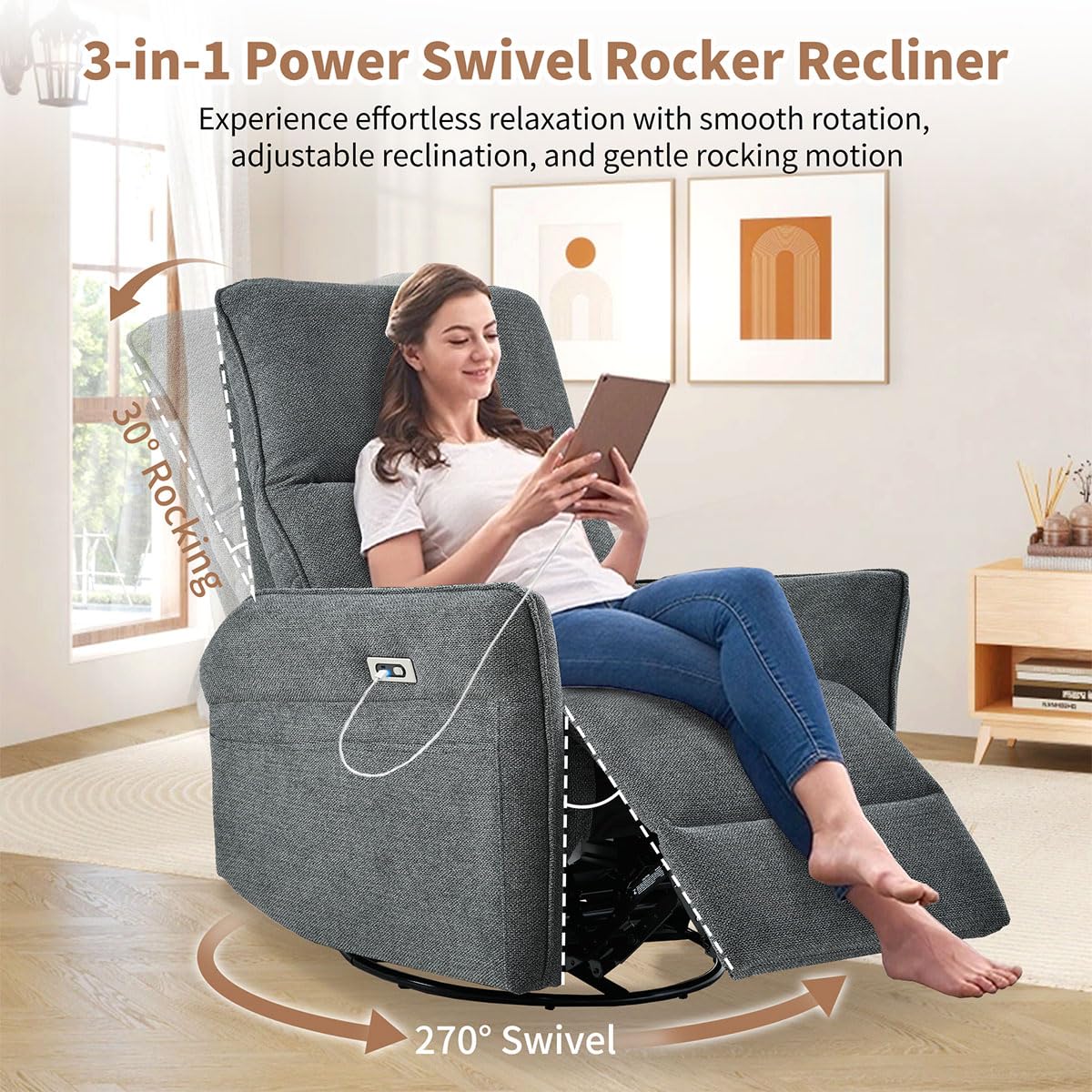 Power Swivel Rocker Recliner Chair with USB, Dark Gray D43424