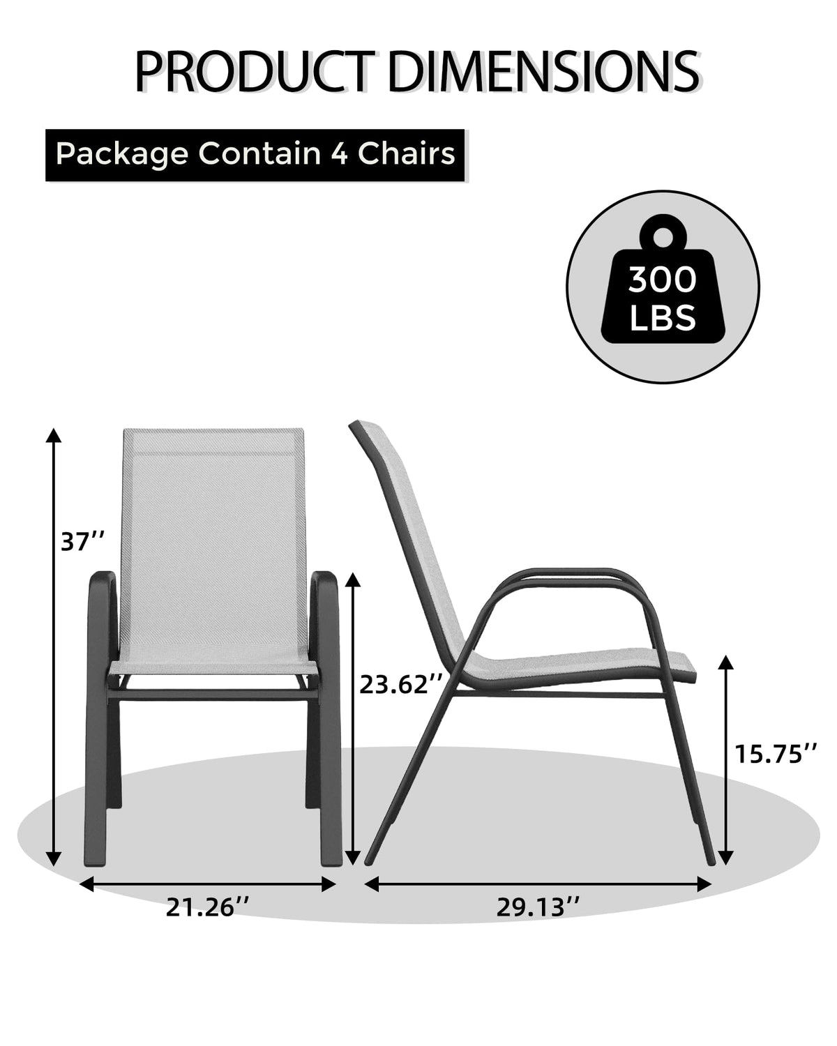 4 Pcs Stackable Grey Metal Textilene Patio Chairs T253
