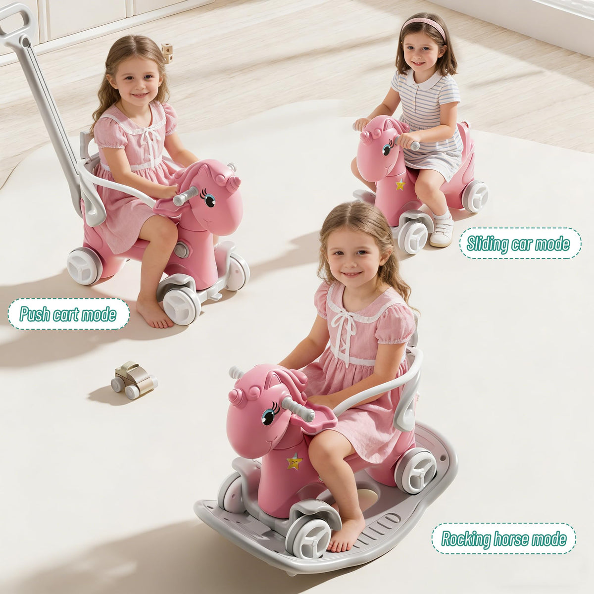 4 in 1 Rocking Horse with Push Handle and Balance Board Y42696