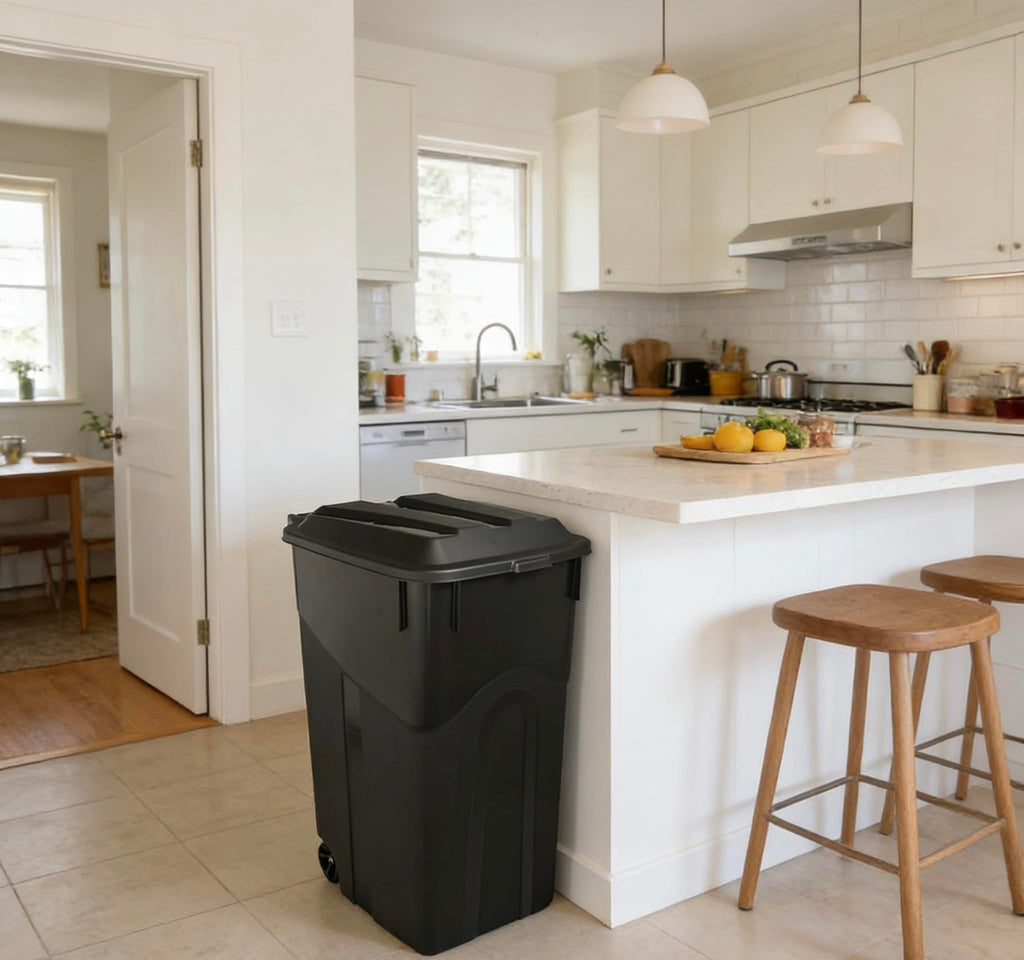 45 Gallon Black Wheeled Garbage Can with Attached Lid K88351