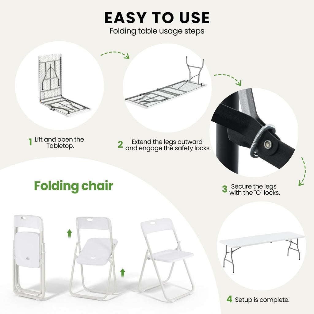 8FT Foldable Table Set with 10 Pack Plastic Folding Chairs L7640
