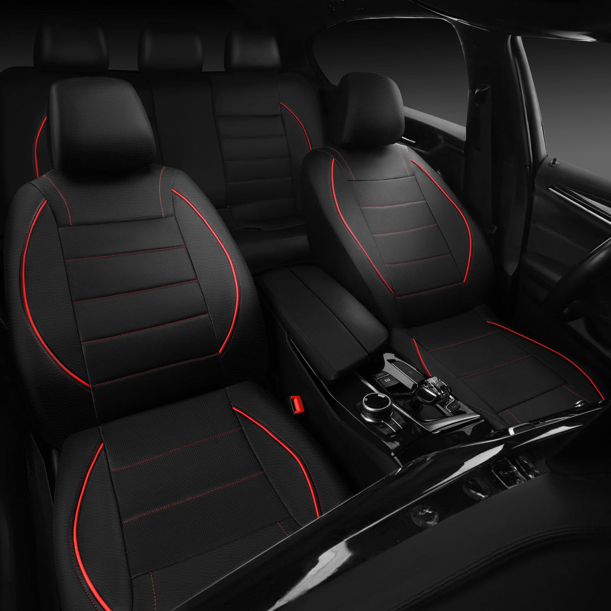 Black Red Faux Leather Front Seat Covers P9498