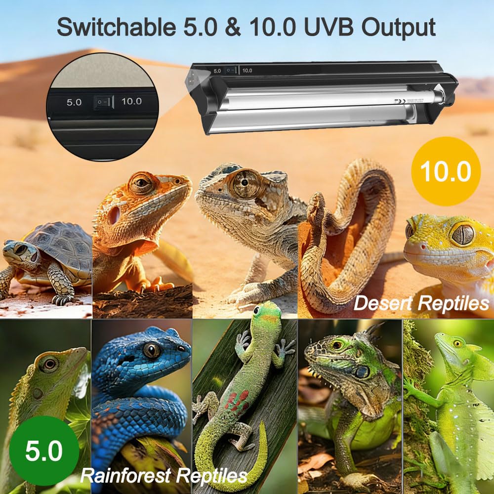 8W 12 Inch Switchable 10.0 & 5.0 UVB Reptile Light Fixture Combo Kit J93109