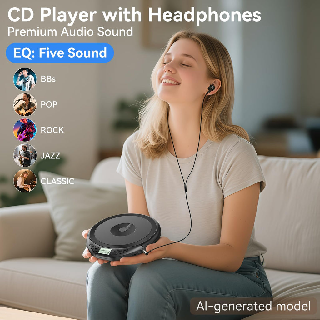 Portable CD Player with Headphones Anti-Skip Shockproof LCD Display H5133