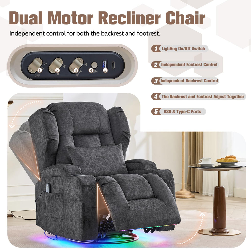 Velvet Gray Swivel Rocker Recliner with Massage and Heat Z2865