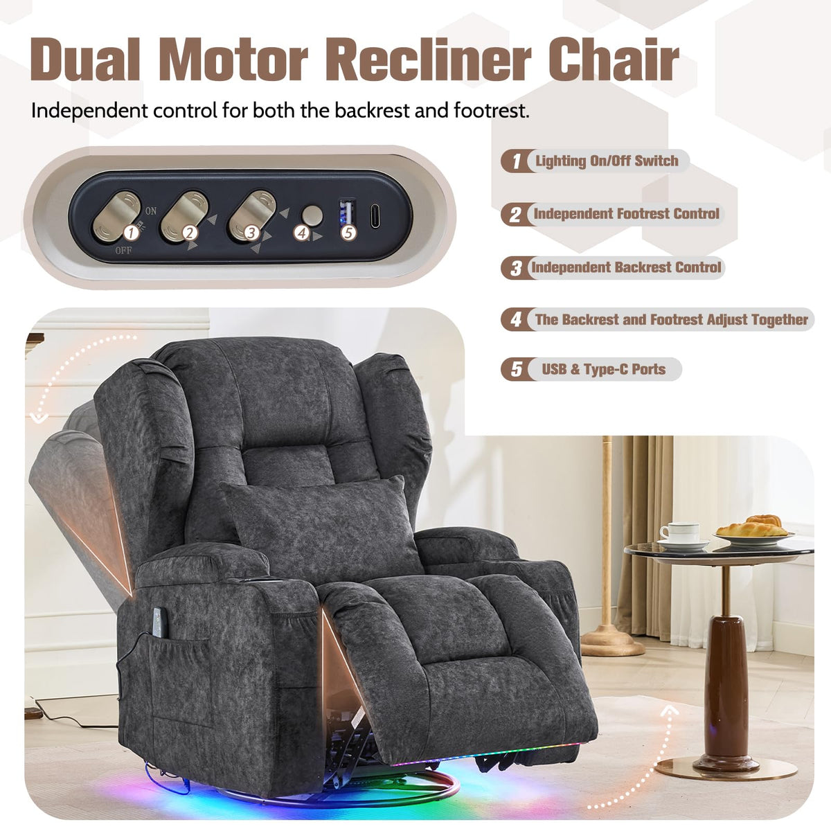 Velvet Gray Swivel Rocker Recliner with Massage and Heat Z2865