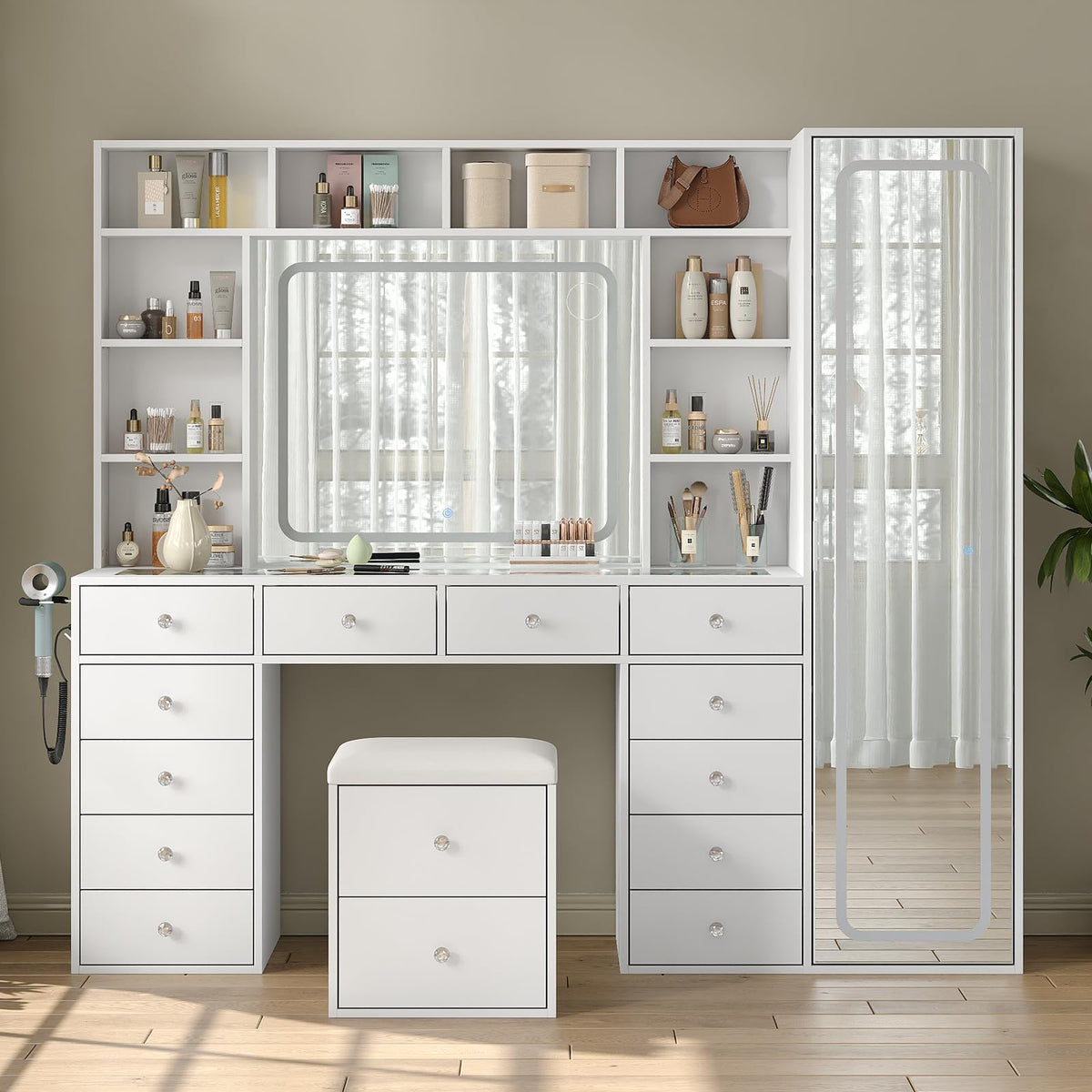 White Vanity Desk with LED Mirror 14 Drawers 10 Shelves P503